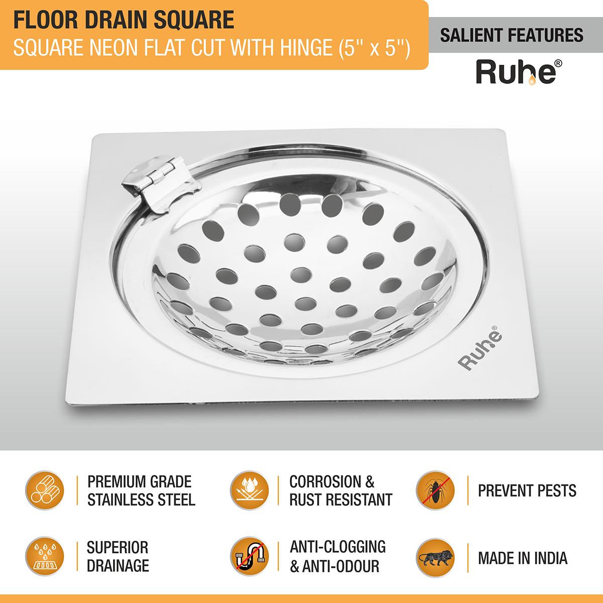 Neon Square Flat Cut Floor Drain (5 x 5 inches) with Hinged Grating Top - by Ruhe®