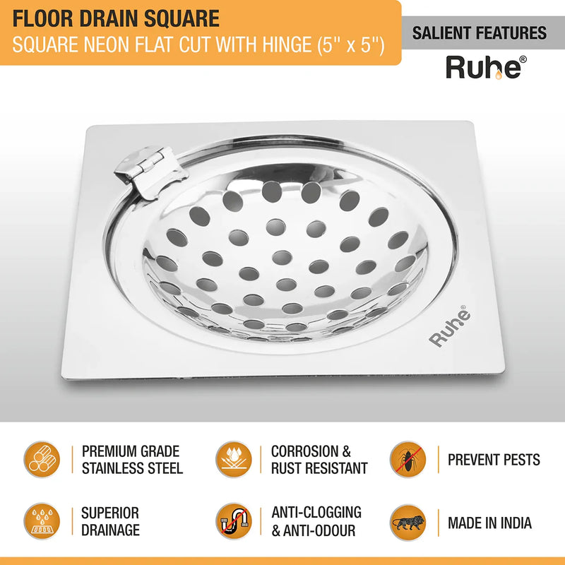 Neon Square Flat Cut Floor Drain (5 x 5 inches) with Hinged Grating Top - by Ruhe