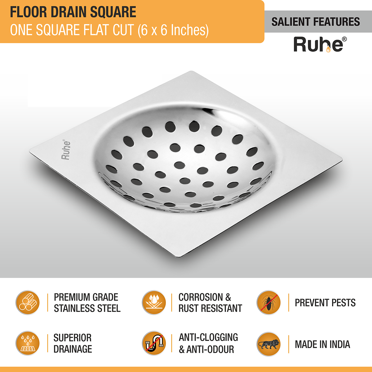 One Square Flat Cut Floor Drain (6 x 6 inches) - by Ruhe®