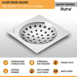 One Square Flat Cut Floor Drain (6 x 6 inches) features