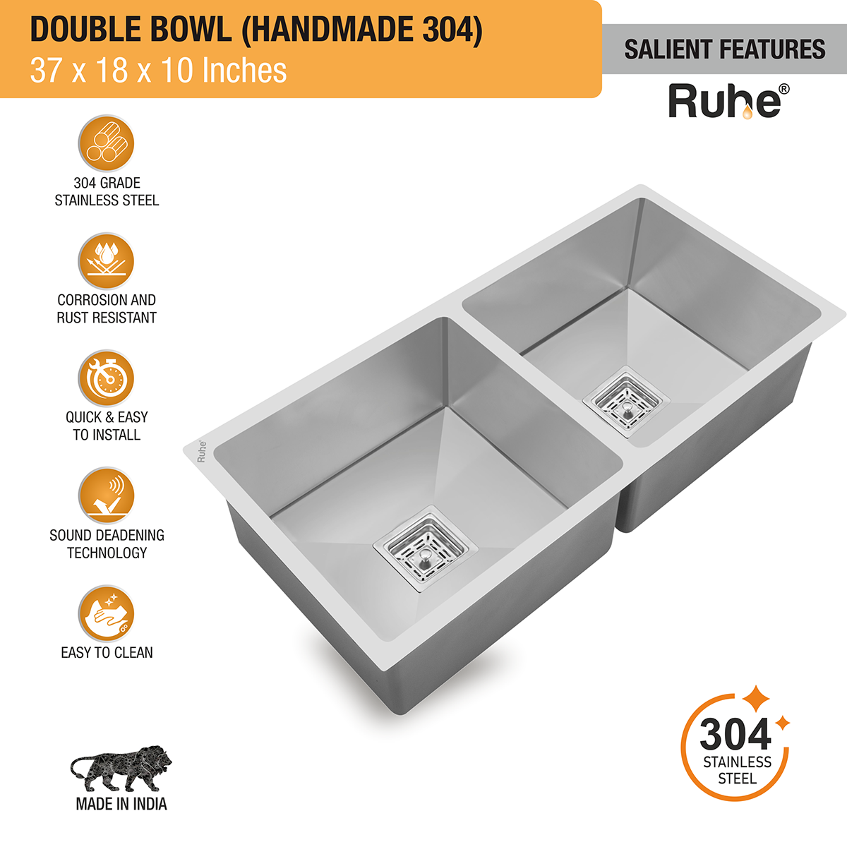 Handmade Double Bowl 304-Grade Kitchen Sink (37 x 18 x 10 Inches) - by Ruhe