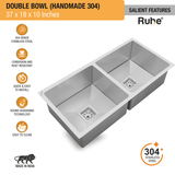 Handmade Double Bowl 304-Grade Kitchen Sink (37 x 18 x 10 Inches) features and banefits