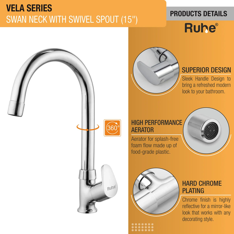 Vela Deck-mount Kitchen Sink Tap with Medium Swivel Spout (15") - by Ruhe