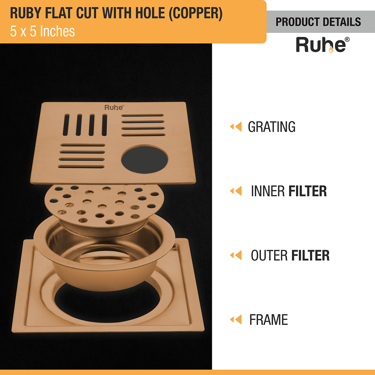 Ruby Square Flat Cut Floor Drain in Antique Copper PVD Coating (5 x 5 Inches) with Hole product details