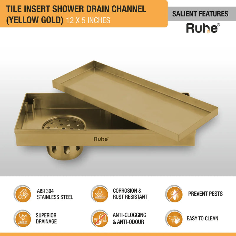 Tile Insert Shower Drain Channel (12 x 5 Inches) YELLOW GOLD PVD Coated - by Ruhe