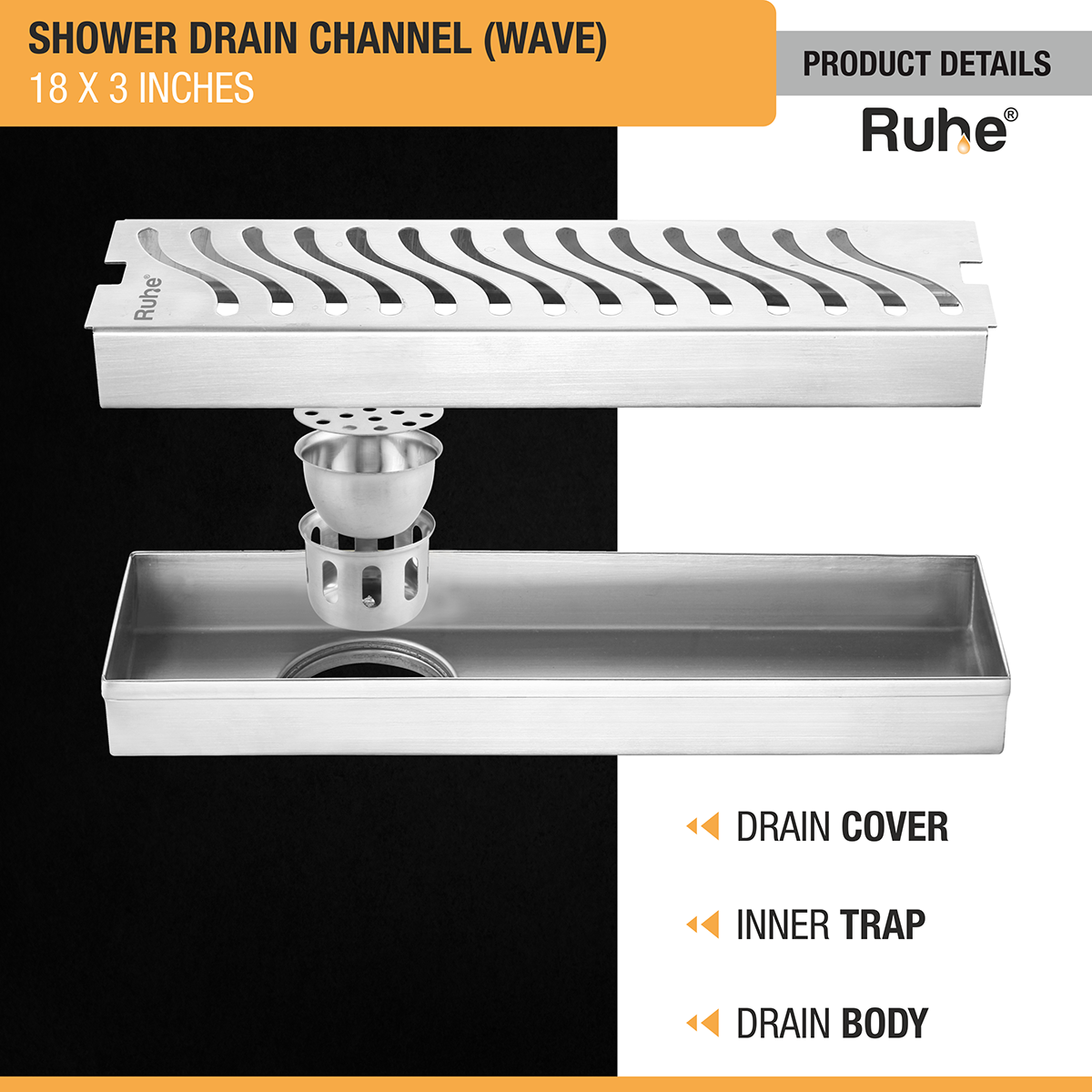 Wave Shower Drain Channel (18 X 3 Inches) with Cockroach Trap (304 Grade) - by Ruhe®