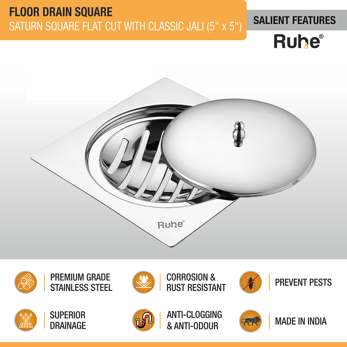 Saturn Classic Jali Square Flat Cut Floor Drain (5 x 5 Inches) with Lid - by Ruhe®