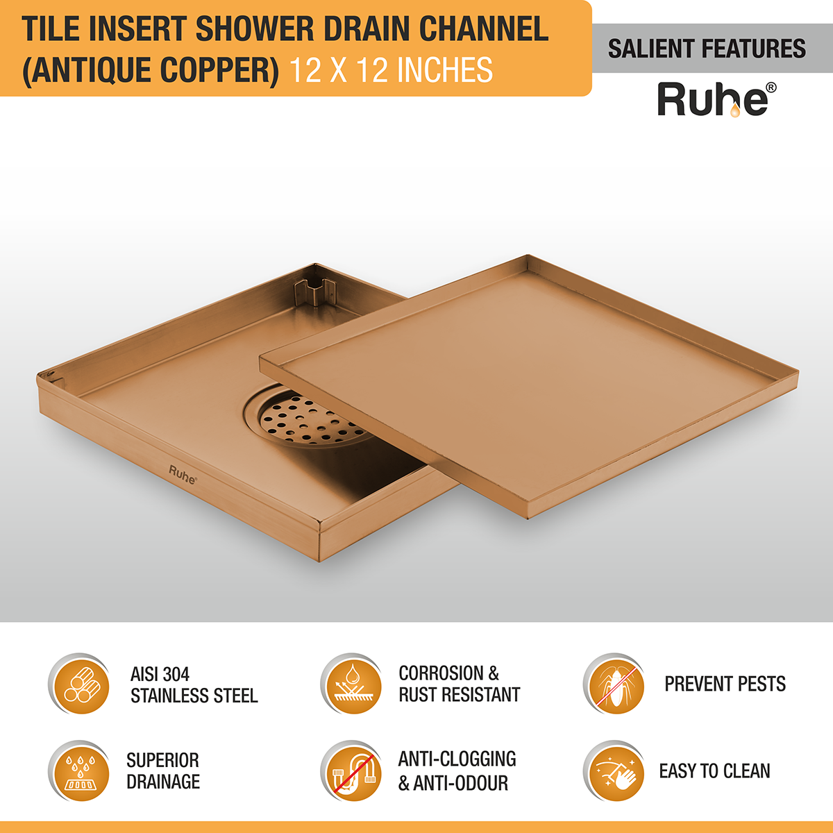 Tile Insert Shower Drain Channel (12 x 12 Inches) ROSE GOLD PVD Coated - by Ruhe®