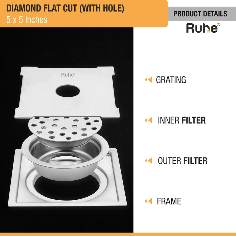 Diamond Square Flat Cut 304-Grade Floor Drain with Hole & Cockroach Trap (5 x 5 Inches) - by Ruhe
