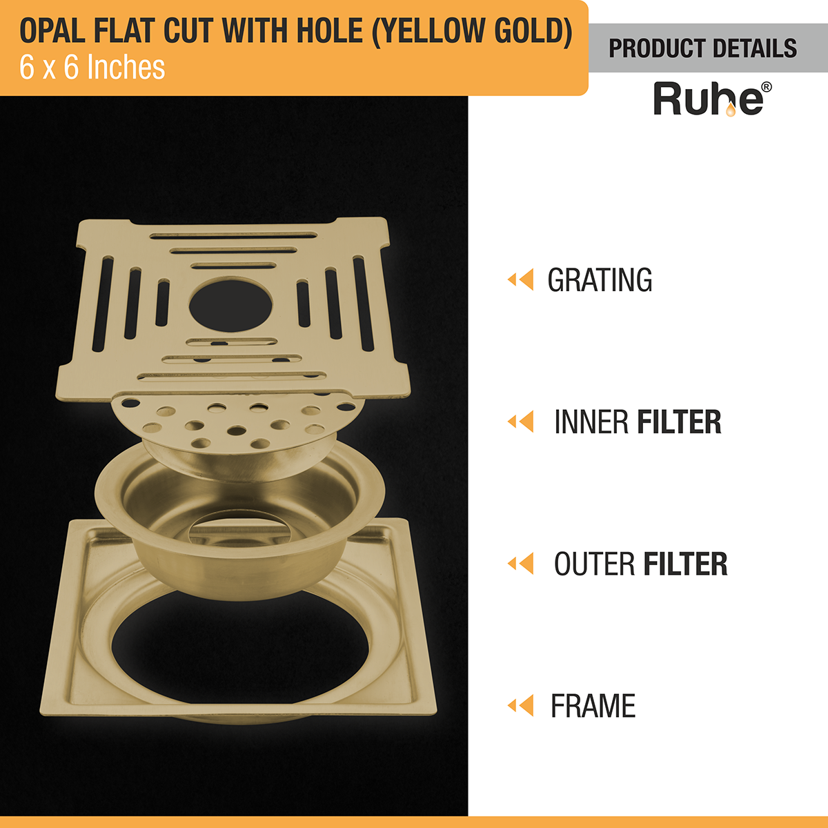 Opal Square Flat Cut Floor Drain in Yellow Gold PVD Coating (6 x 6 Inches) with Hole product details