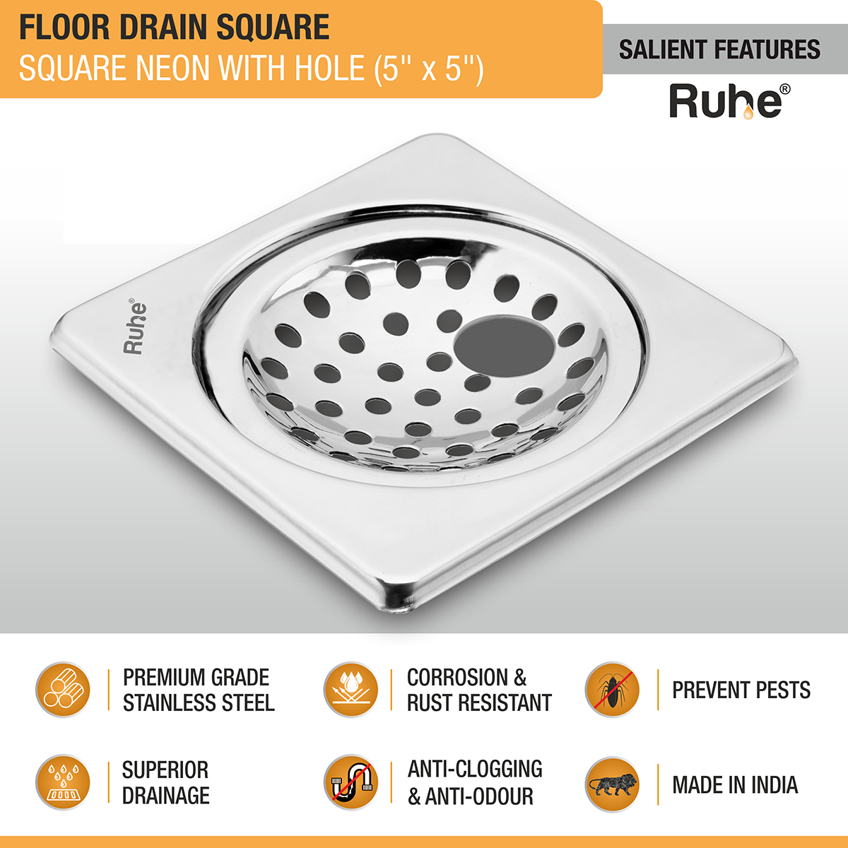 Neon Square Floor Drain with Hole (5 x 5 Inches) -  by Ruhe®