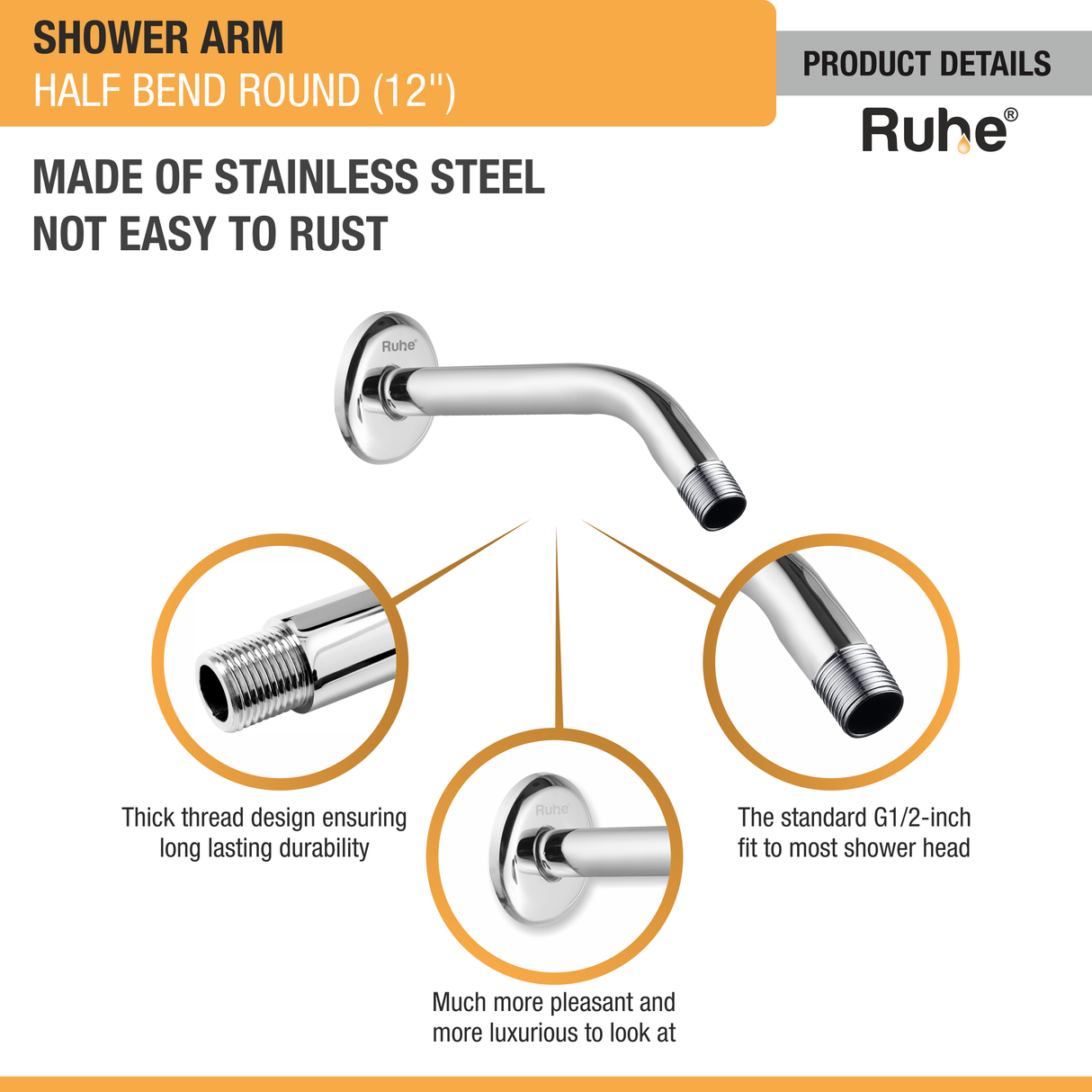 Round Half Bend Shower Arm (12 Inches) with Flange - by Ruhe