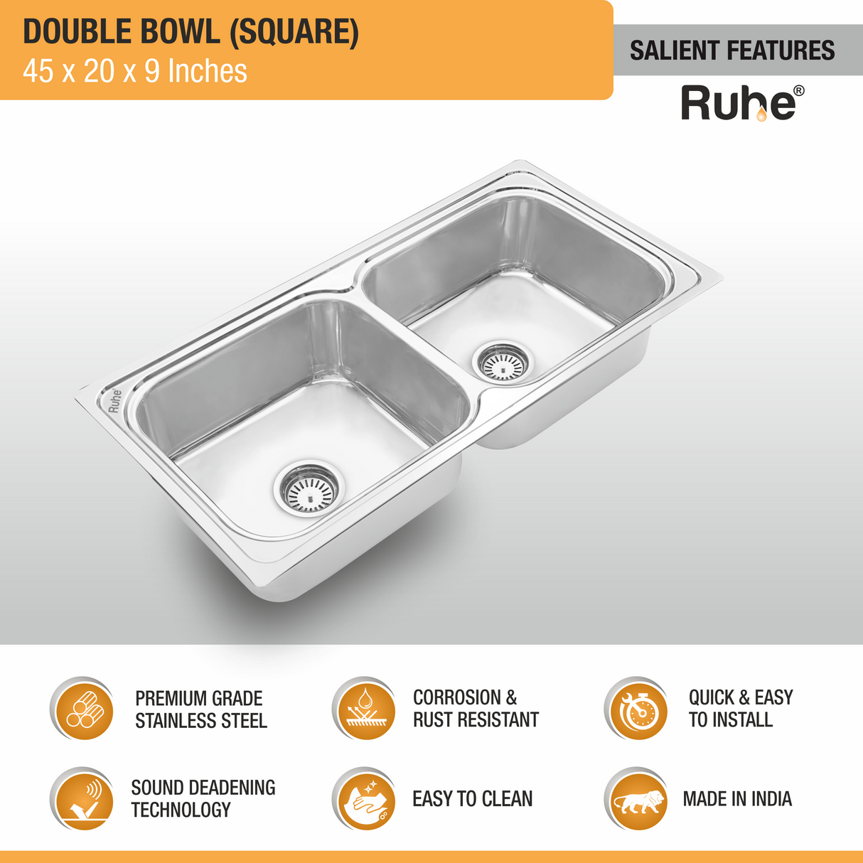 Square Double Bowl Premium Stainless Steel Kitchen Sink (45 x 20 x 9 inches) features and benefits