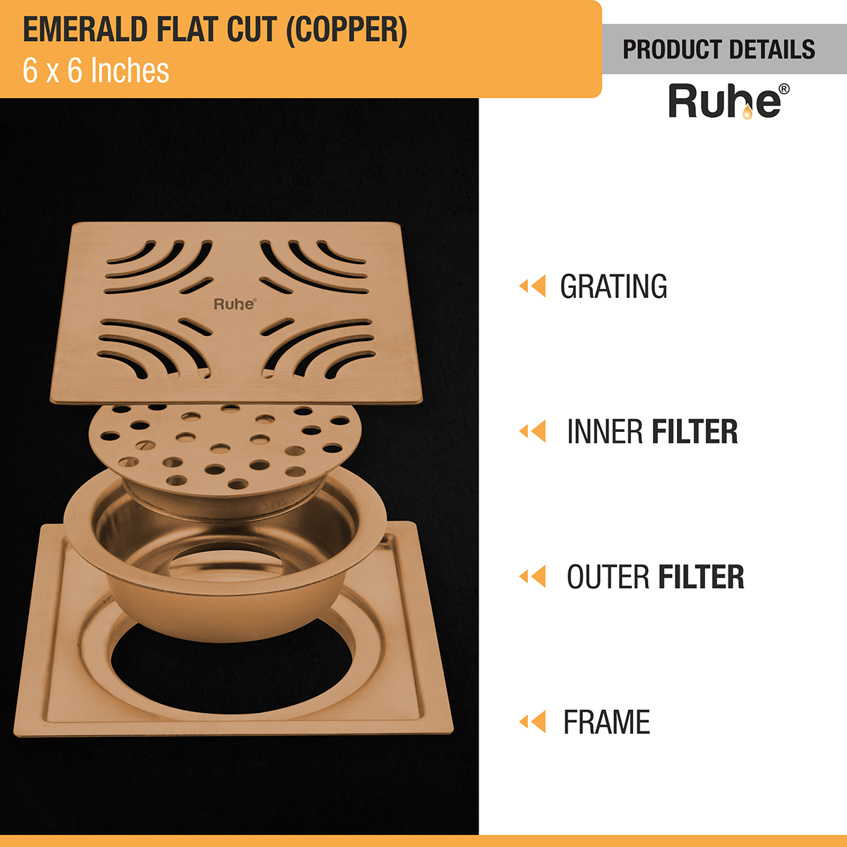 Emerald Square Flat Cut Floor Drain in Antique Copper PVD Coating (6 x 6 Inches) - by Ruhe®