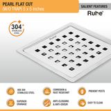 Pearl Square Flat Cut 304-Grade Floor Drain (5 x 5 Inches) features and benefits
