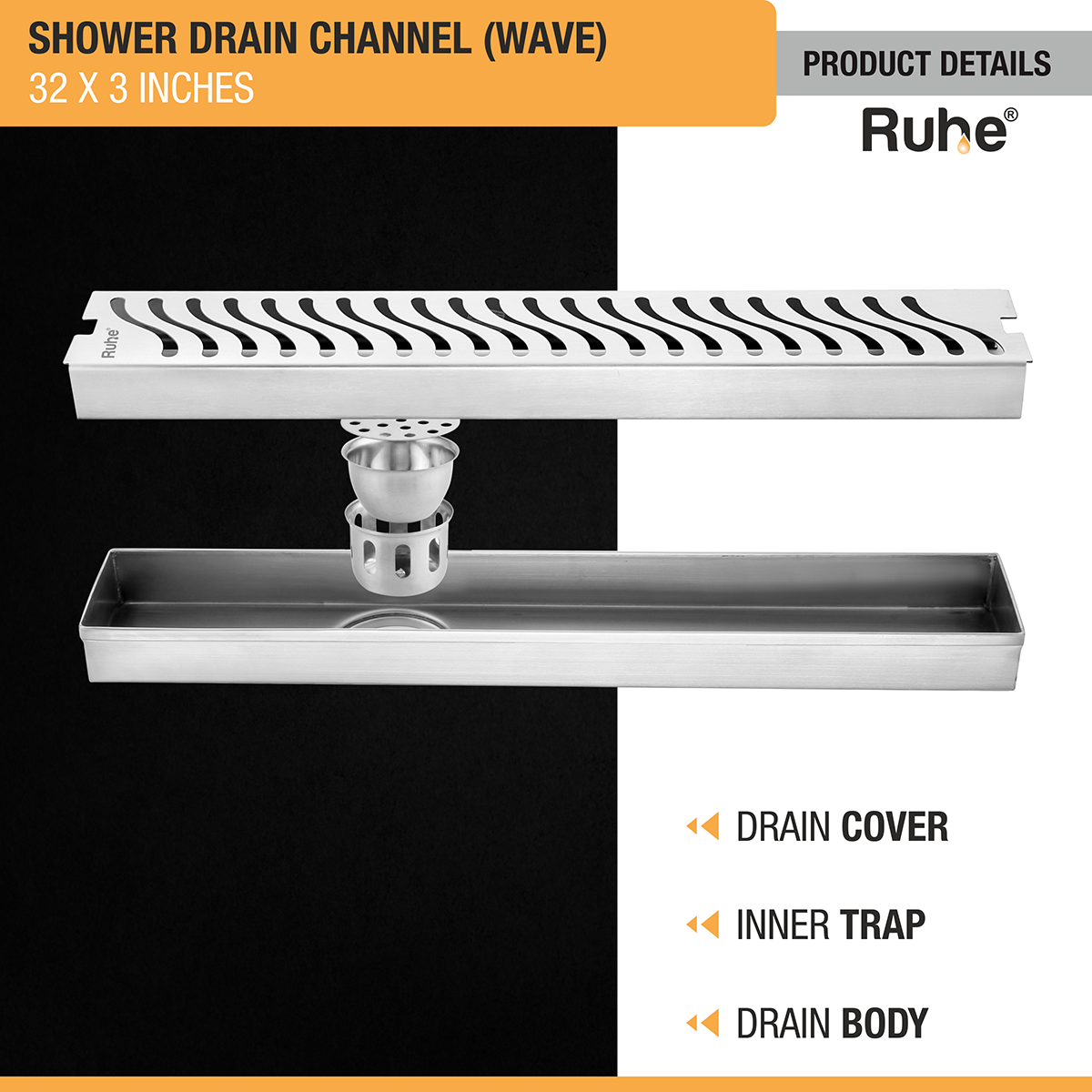 Wave Shower Drain Channel (32 X 3 Inches) with Cockroach Trap (304 Grade) - by Ruhe®