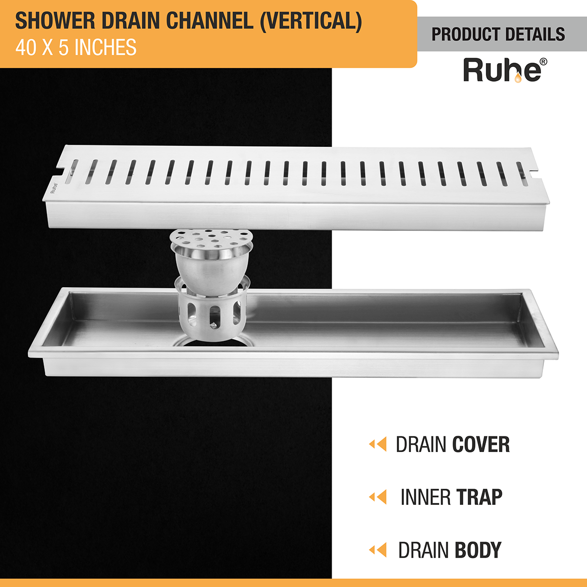 Vertical Shower Drain Channel (40 x 5 Inches) with Cockroach Trap (304 Grade) - by Ruhe