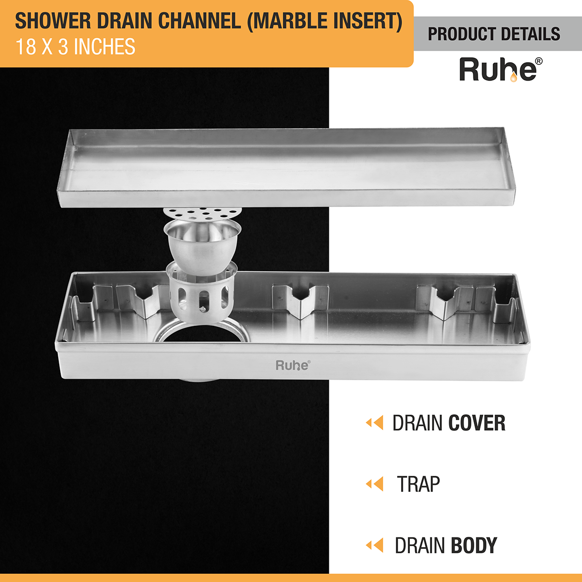 Marble Insert Shower Drain Channel (18 x 3 Inches) with Cockroach Trap (304 Grade) - by Ruhe®