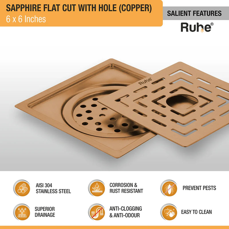 Sapphire Square Flat Cut Floor Drain in Antique Copper PVD Coating (6 x 6 Inches) with Hole - by Ruhe