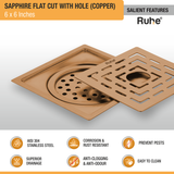 Sapphire Square Flat Cut Floor Drain in Antique Copper PVD Coating (6 x 6 Inches) with Hole features