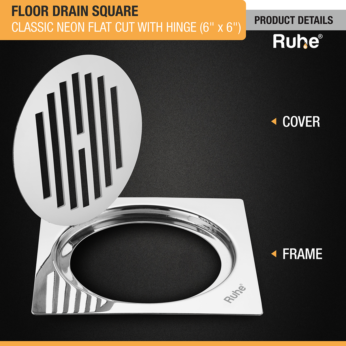 Classic Neon Square Flat Cut Floor Drain (6 x 6 inches) with Hinged Grating Top - by Ruhe®