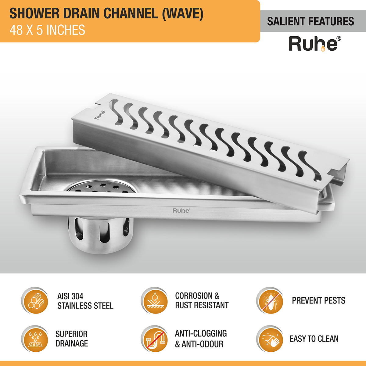 Wave Shower Drain Channel (48 x 5 Inches) with Cockroach Trap (304 Grade) - by Ruhe®