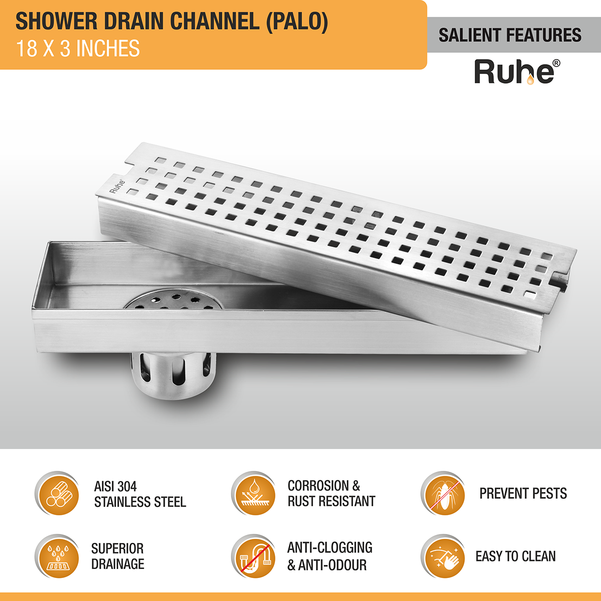 Palo Shower Drain Channel (18 X 3 Inches) with Cockroach Trap (304 Grade) - by Ruhe®