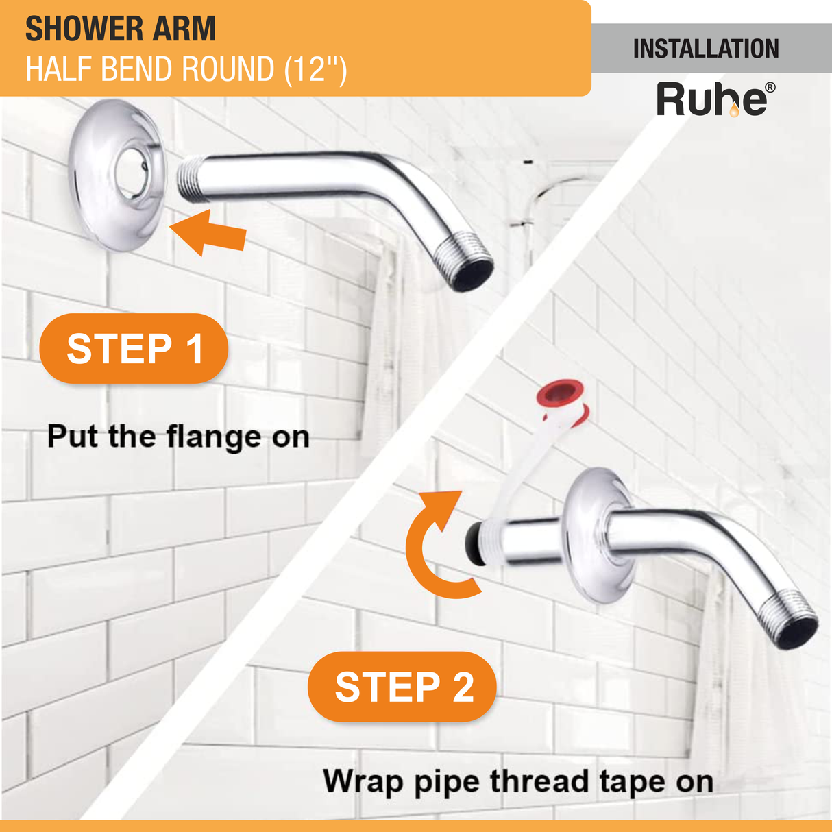 Round Half Bend Shower Arm (12 Inches) with Flange - by Ruhe