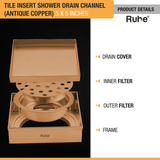 Tile Insert Shower Drain Channel (5 x 5 Inches) ROSE GOLD PVD Coated with drain cover, inner filter, outer filter, and frame