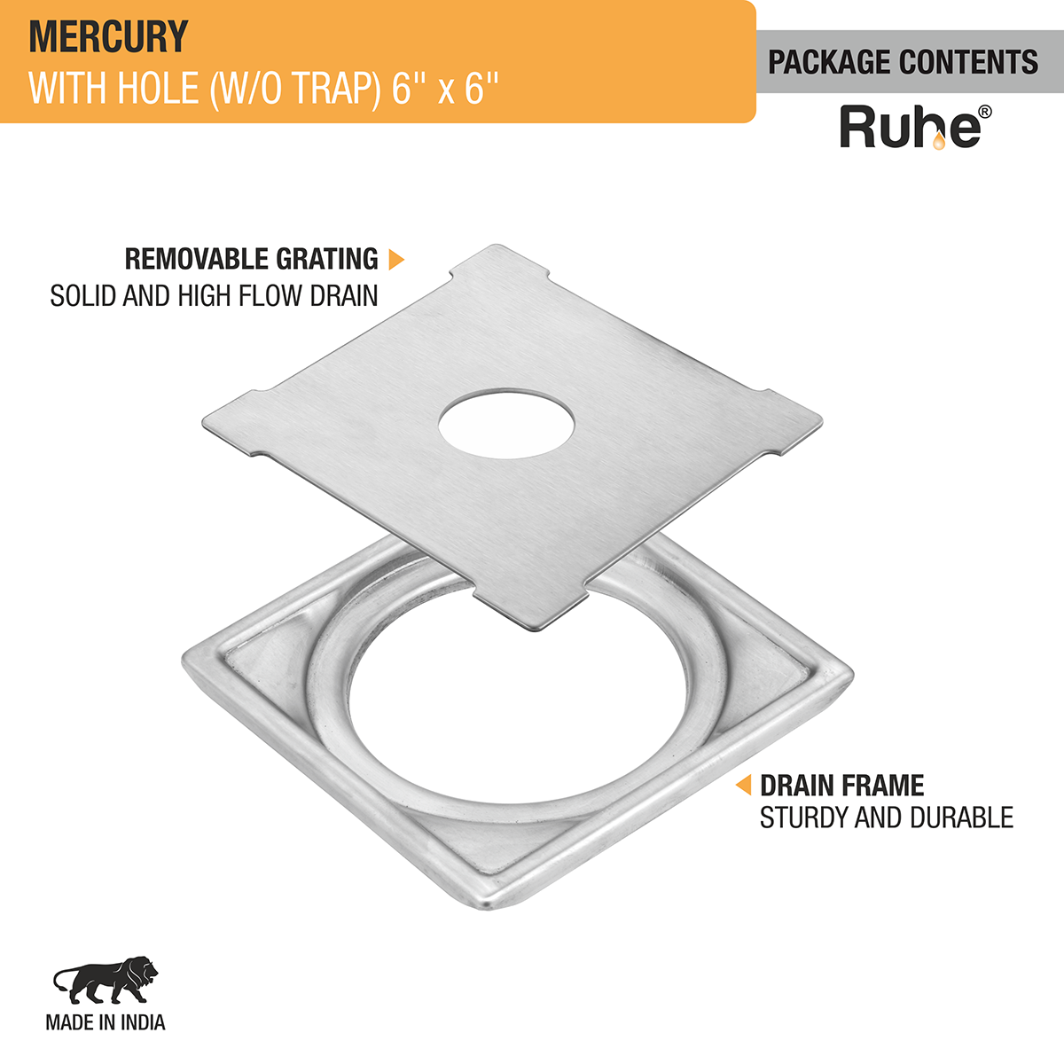 Mercury Square Premium Floor Drain (6 x 6 Inches) with Hole - by Ruhe®