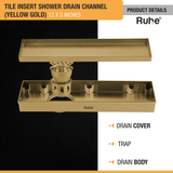 Tile Insert Shower Drain Channel (12 x 3 Inches) YELLOW GOLD PVD Coated with drain cover, insect trap, drain body