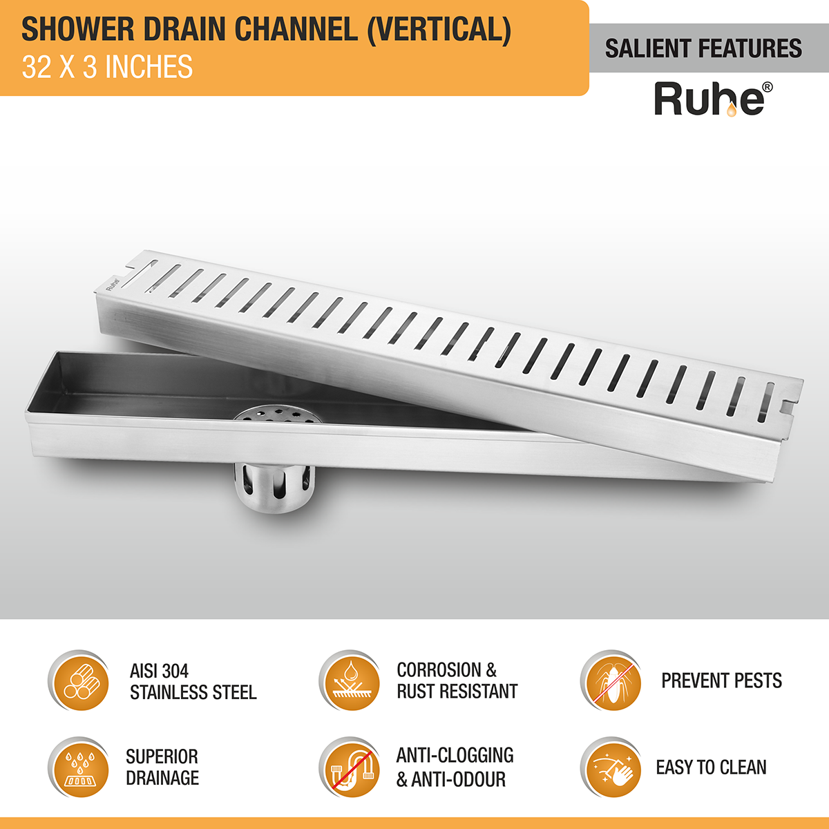 Vertical Shower Drain Channel (32 x 3 Inches) with Cockroach Trap (304 Grade) - by Ruhe®