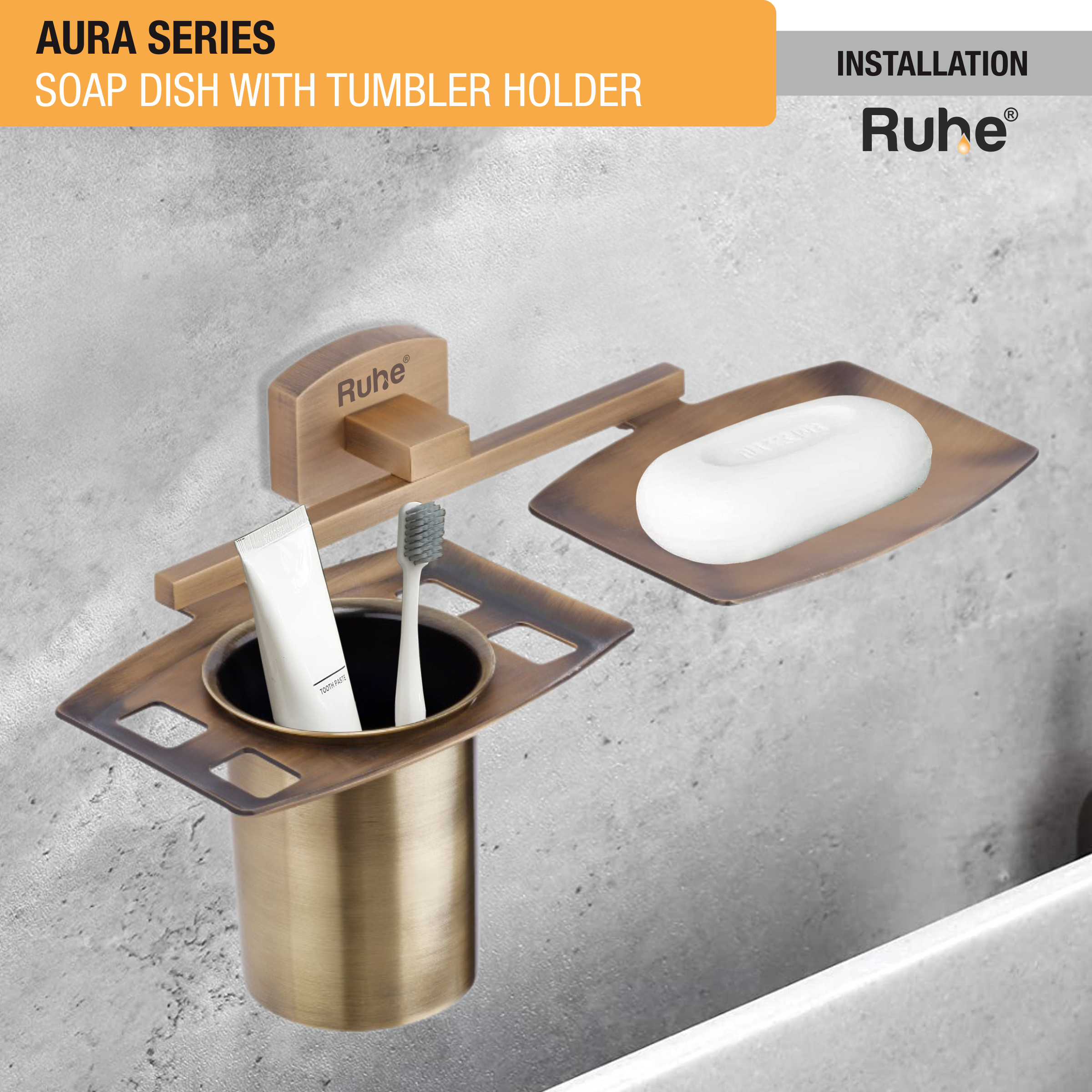 Aura Brass Soap Dish with Tumbler Holder installation