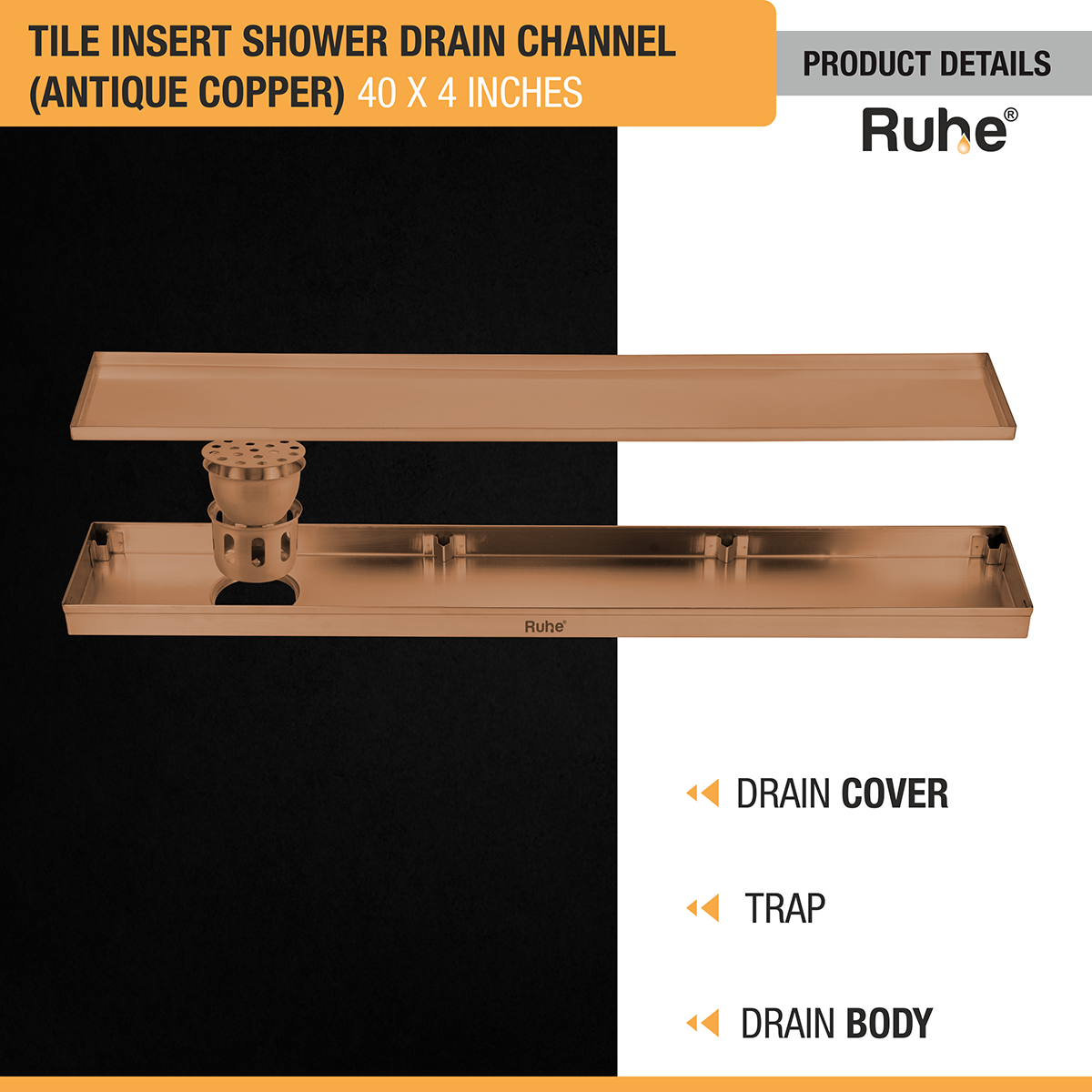 Tile Insert Shower Drain Channel (40 x 4 Inches) ROSE GOLD PVD Coated - by Ruhe®