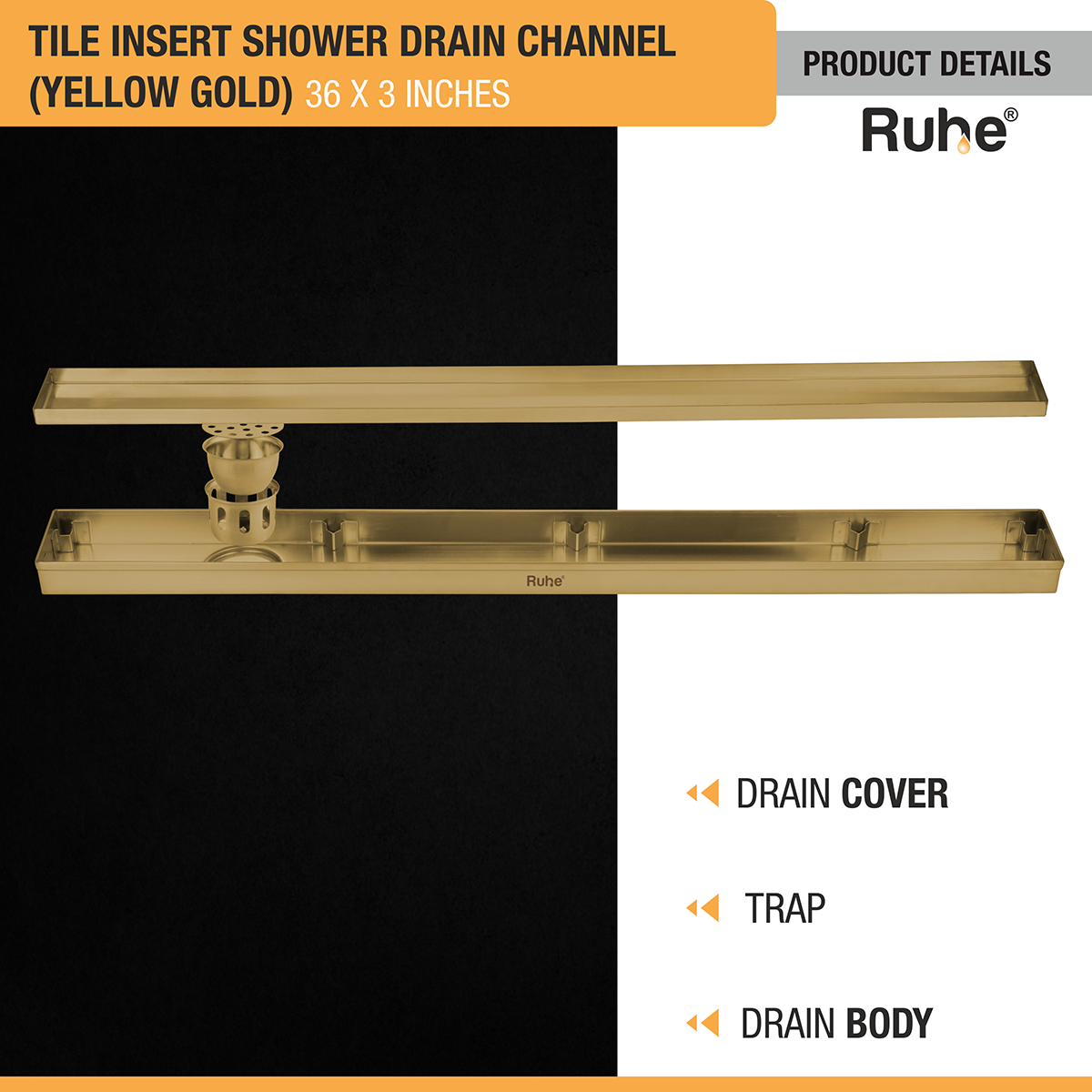 Tile Insert Shower Drain Channel (36 x 3 Inches) YELLOW GOLD PVD Coated - by Ruhe®