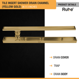 Tile Insert Shower Drain Channel (36 x 3 Inches) YELLOW GOLD PVD Coated with drain cover, insect trap, drain body