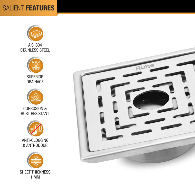 Sapphire Square 304-Grade Floor Drain with Collar, Hole & Cockroach Trap (5 x 5 Inches) - by Ruhe