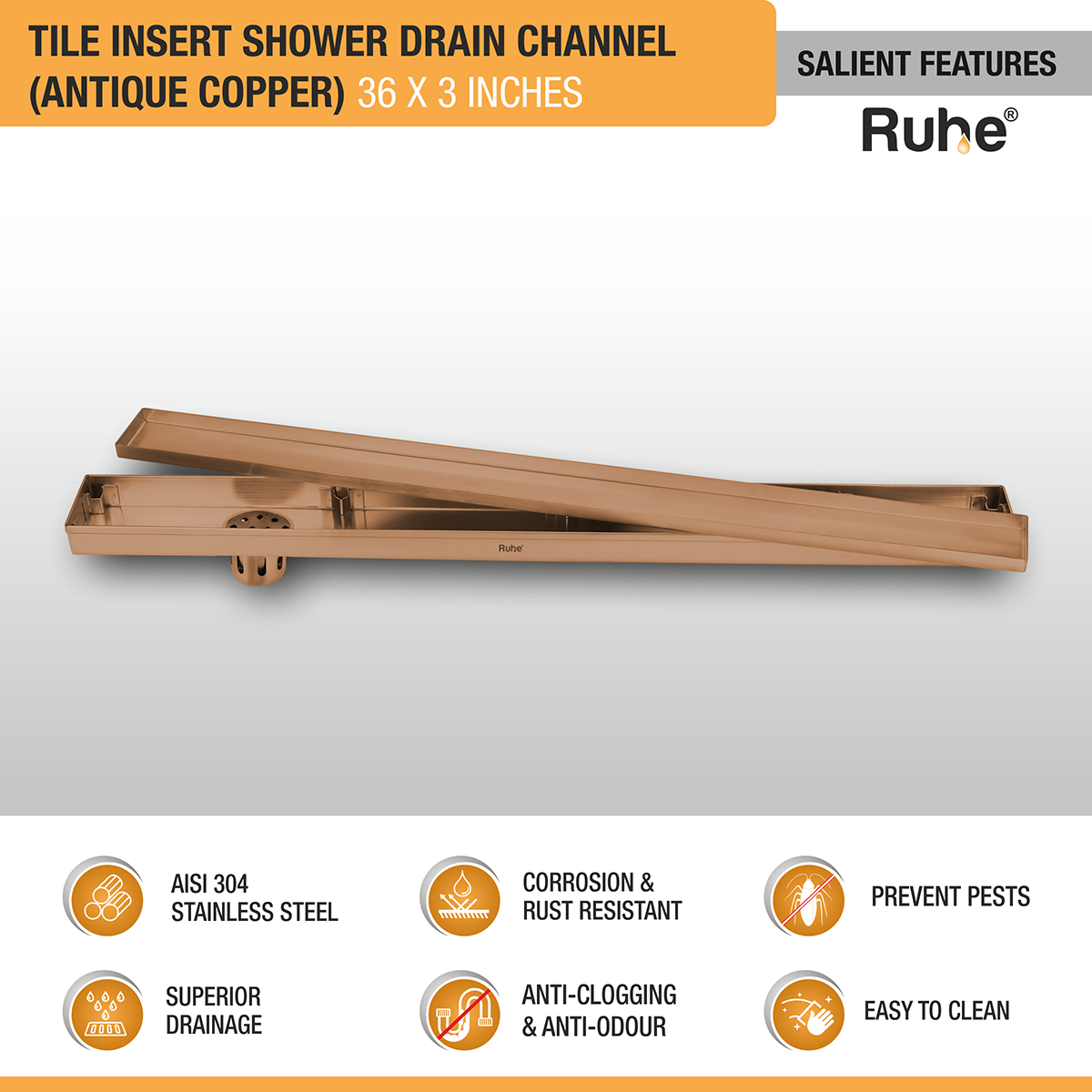 Tile Insert Shower Drain Channel (36 x 3 Inches) ROSE GOLD PVD Coated - by Ruhe®