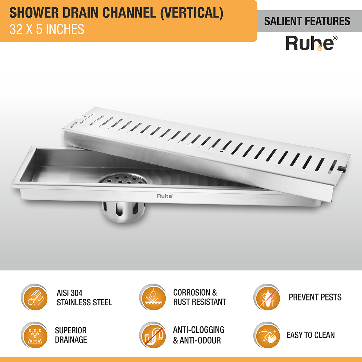 Vertical Shower Drain Channel (32 x 5 Inches) with Cockroach Trap (304 Grade) - by Ruhe®