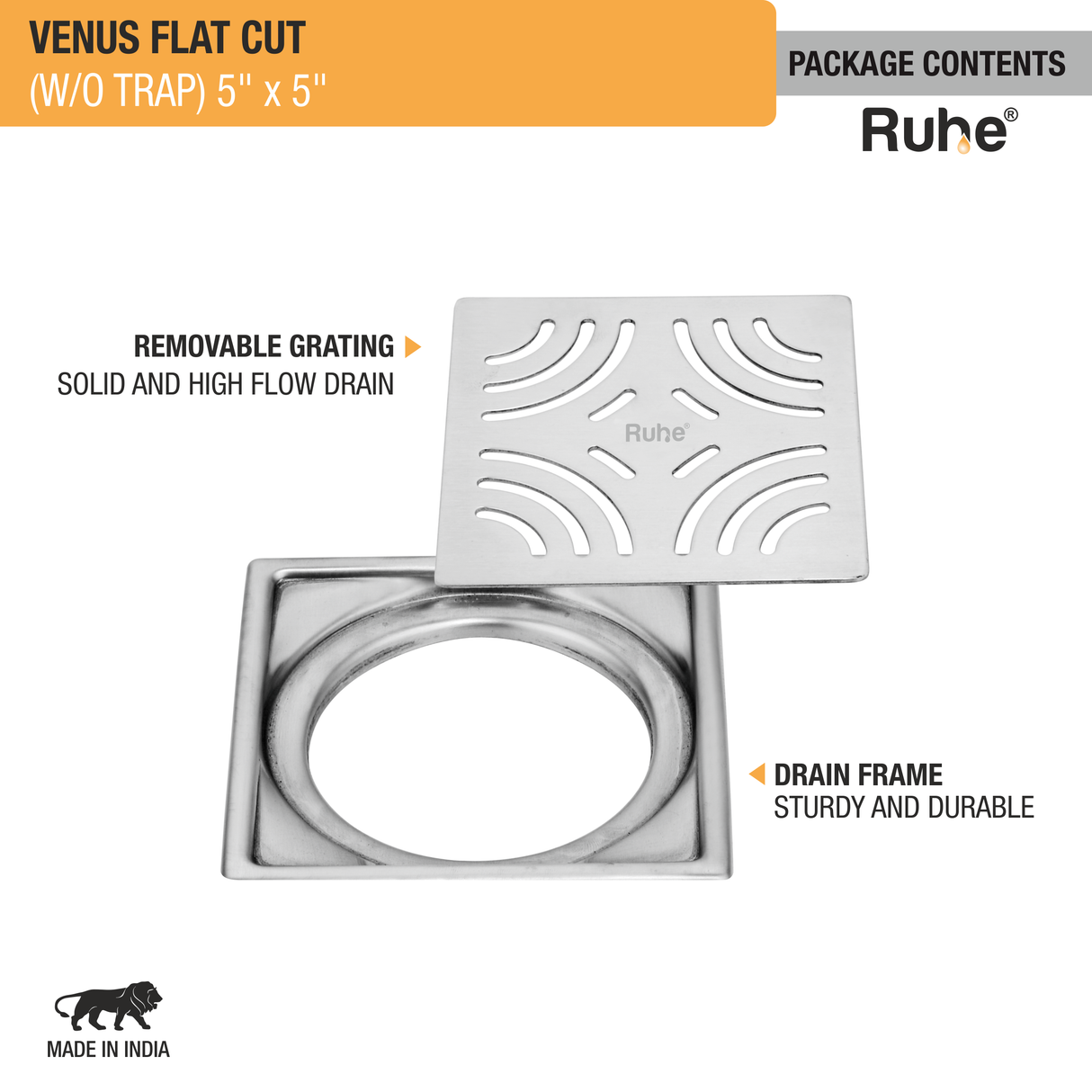 Venus Square Premium Flat Cut Floor Drain (5 x 5 Inches) - by Ruhe