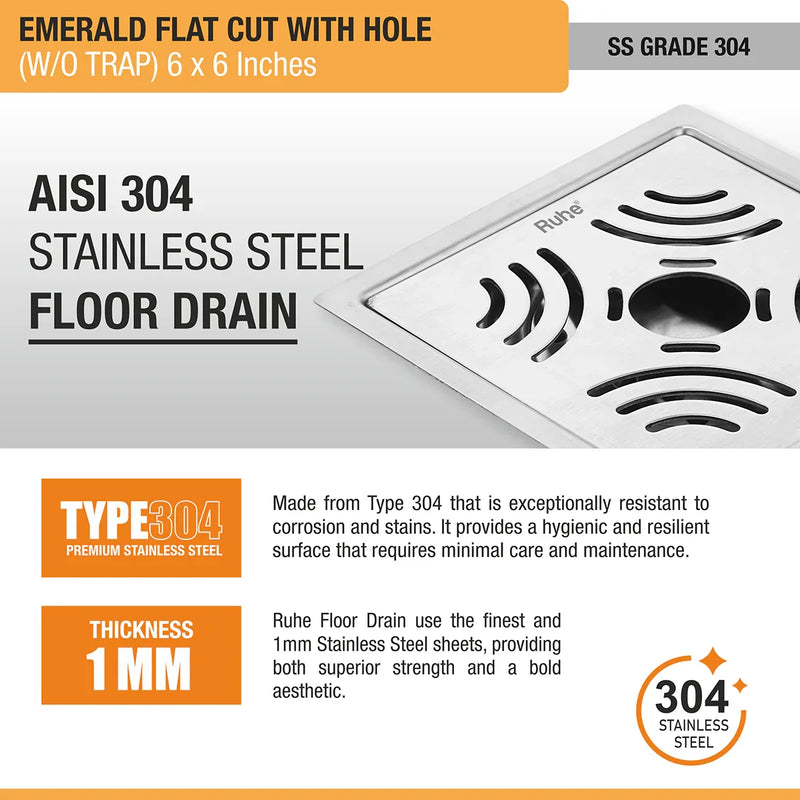 Emerald Square Flat Cut 304-Grade Floor Drain with Hole (6 x 6 Inches) - by Ruhe