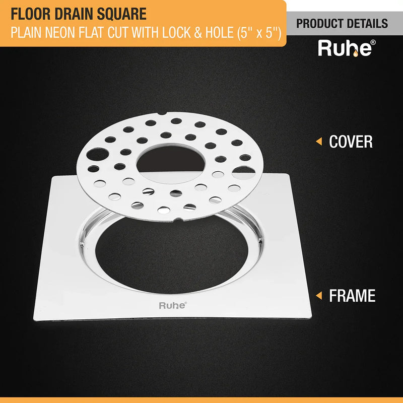 Plain Neon Square Flat Cut Floor Drain (5 x 5 inches) with Lock and Hole - by Ruhe