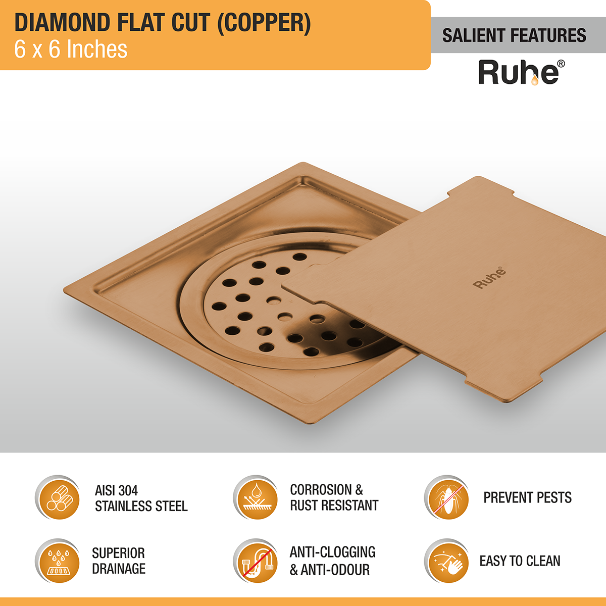 Diamond Square Flat Cut Floor Drain in Antique Copper PVD Coating (6 x 6 Inches) features