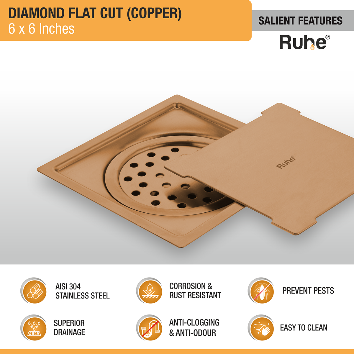 Diamond Square Flat Cut Floor Drain in Antique Copper PVD Coating (6 x 6 Inches) - by Ruhe