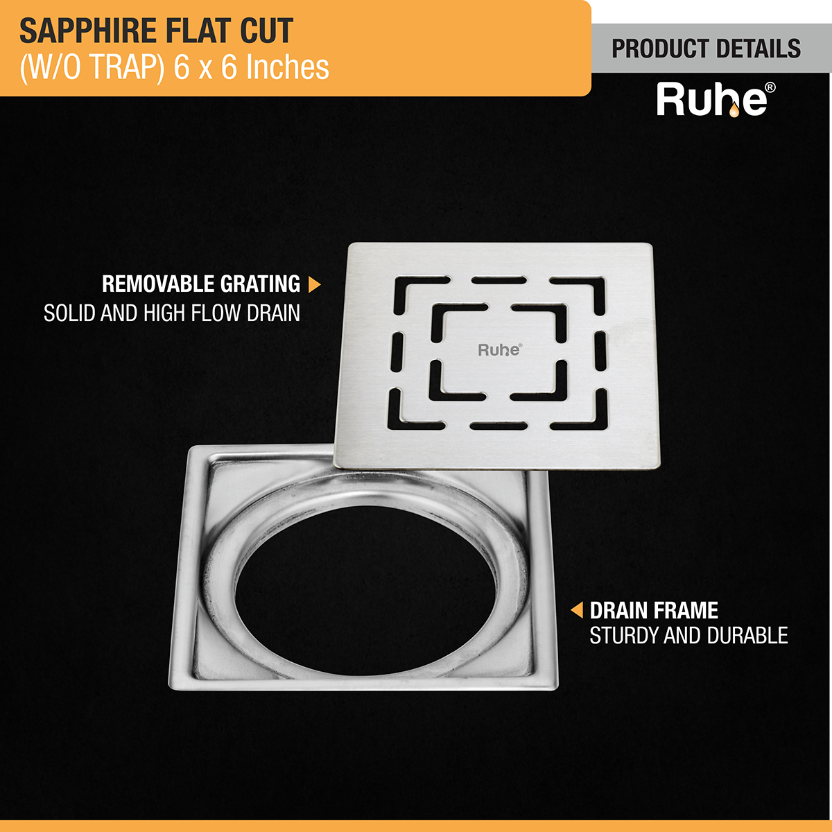 Sapphire Square Flat Cut 304-Grade Floor Drain (6 x 6 Inches) with removable grating and drain frame