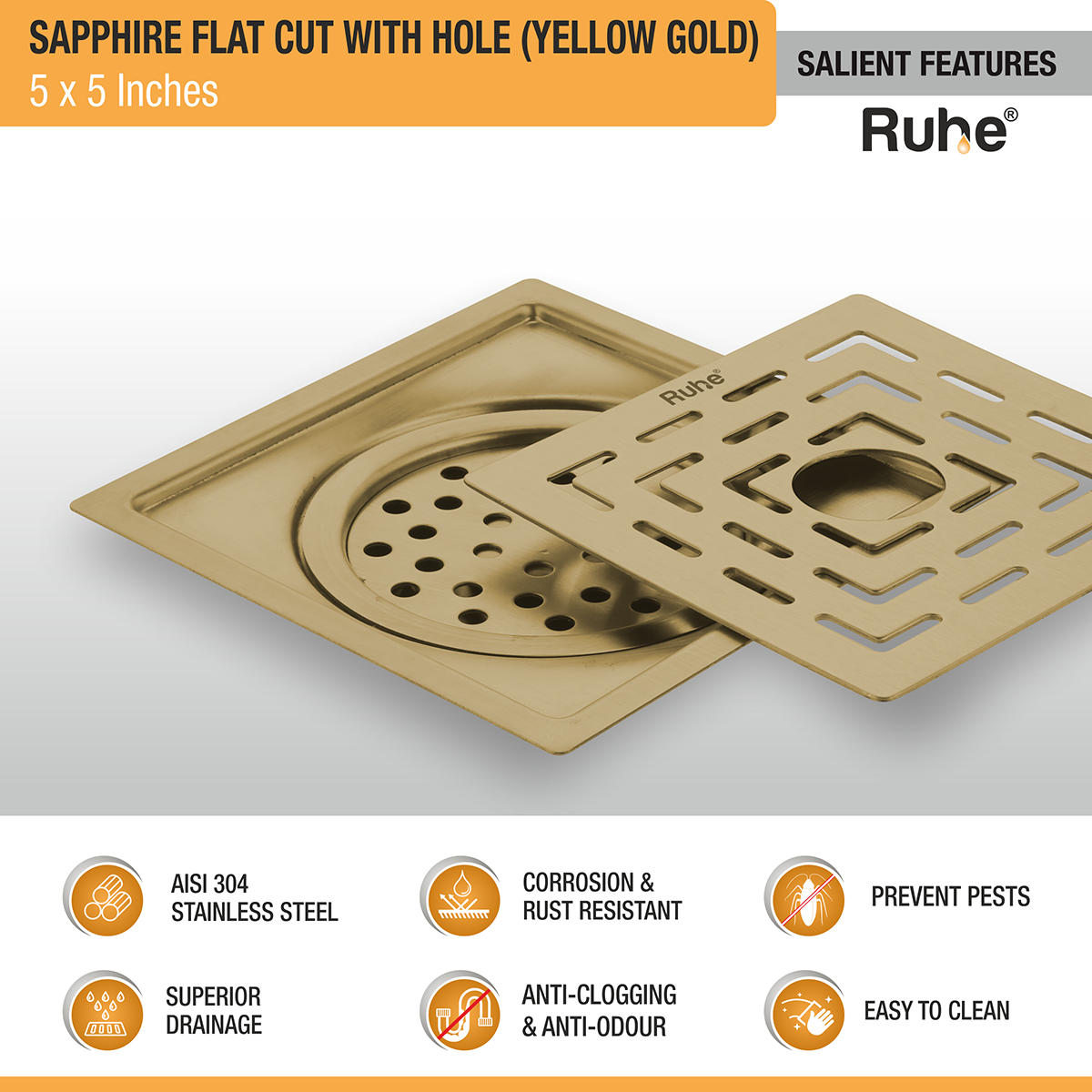 Sapphire Square Flat Cut Floor Drain in Yellow Gold PVD Coating (5 x 5 Inches) with Hole - by Ruhe®