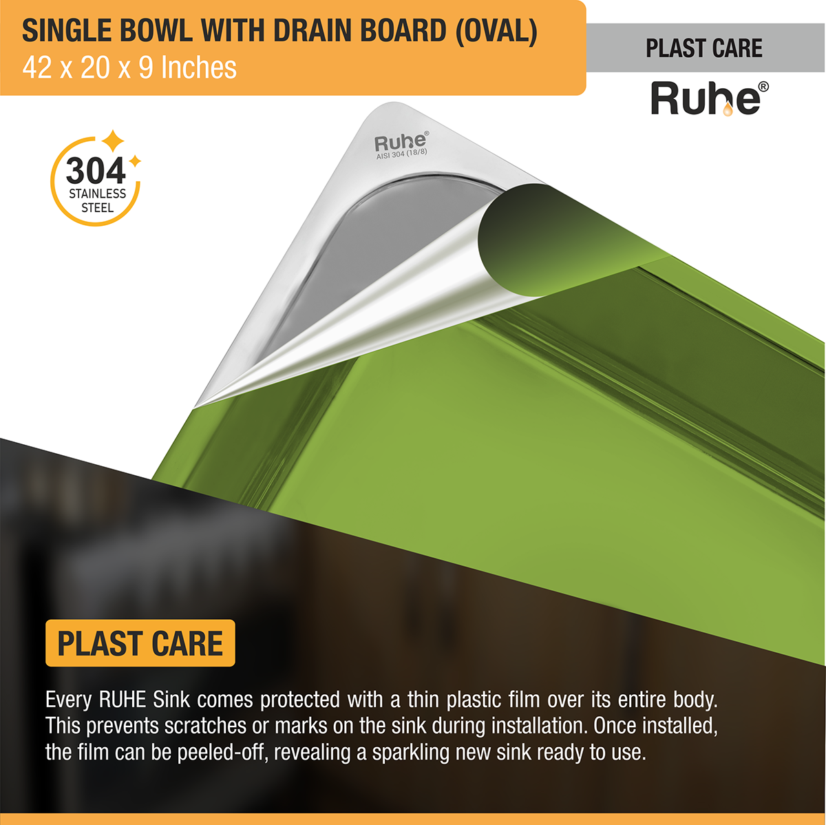 Oval Single Bowl (42 x 20 x 9 inches) 304-Grade Stainless Steel Kitchen Sink with Drainboard plast care