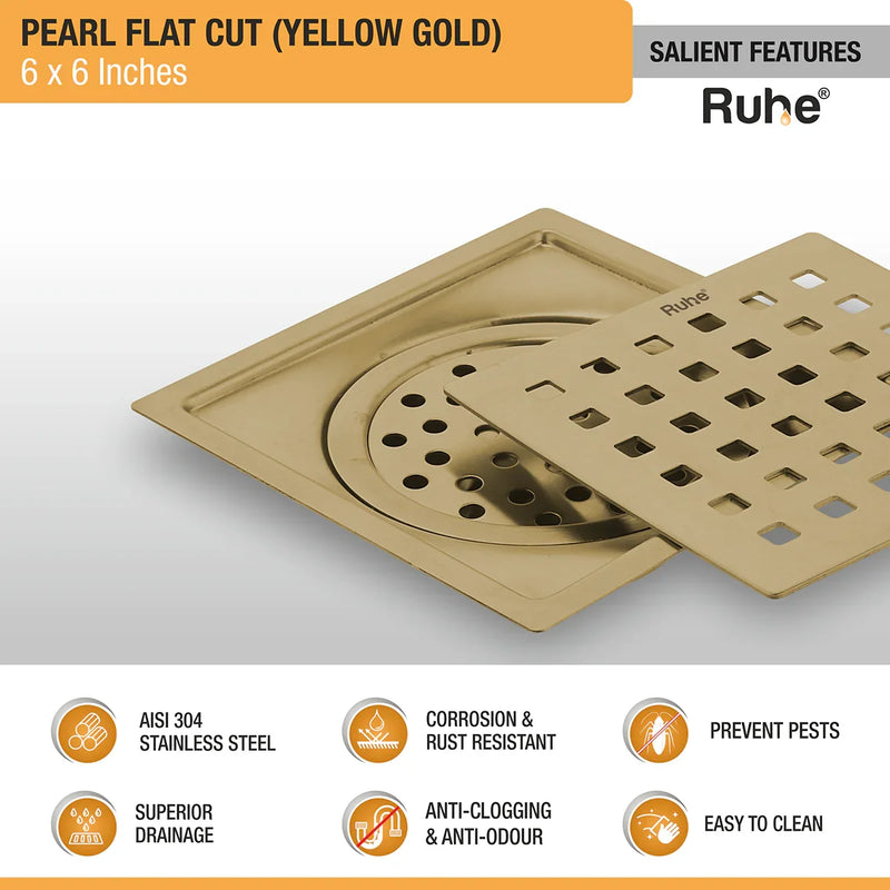 Pearl Square Flat Cut Floor Drain in Yellow Gold PVD Coating (6 x 6 Inches) - by Ruhe