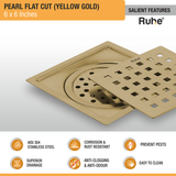 Pearl Square Flat Cut Floor Drain in Yellow Gold PVD Coating (6 x 6 Inches) features