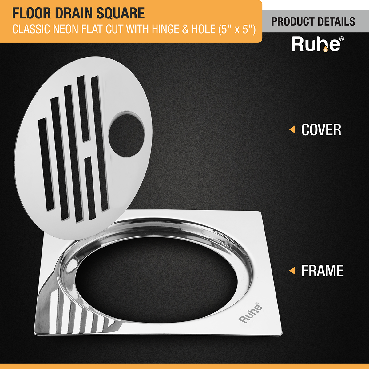 Classic Neon Square Flat Cut Floor Drain (5 x 5 inches) with Hole and Hinged Grating Top - by Ruhe